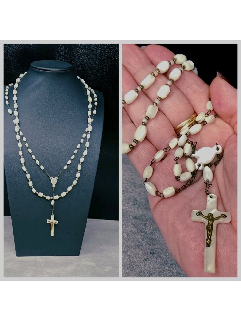 Antique Rosary Beads Mother Of Pearl With Matching 23" Necklace Shell Religious